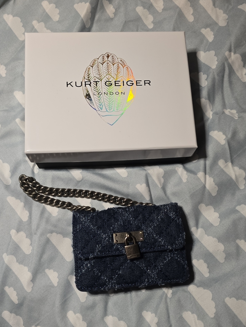 Kurt Geiger Denim Quilted Mini Kenzington Chain Shoulder Bag